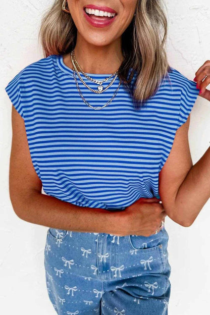 Striped Round Neck Cap Sleeve T-Shirt Blue Trendsi 96ca095c-e4d5-4c29-875b-227158572287-Max-Origin