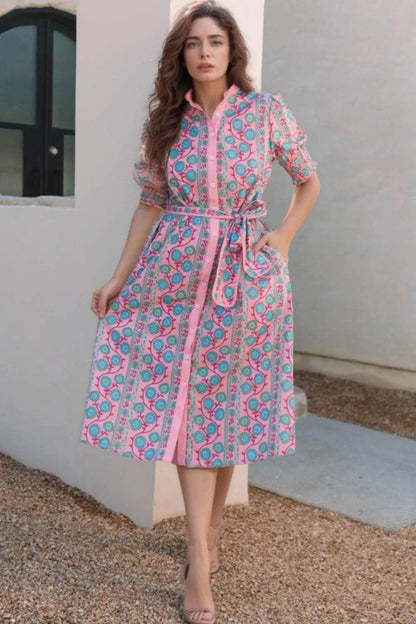 Printed Shirred Sleeve Buttoned Front Midi Dress with Sash Moonlit Mauve Trendsi 96cd56f7-c2da-4555-bf43-f86a07f3e3e0-Max