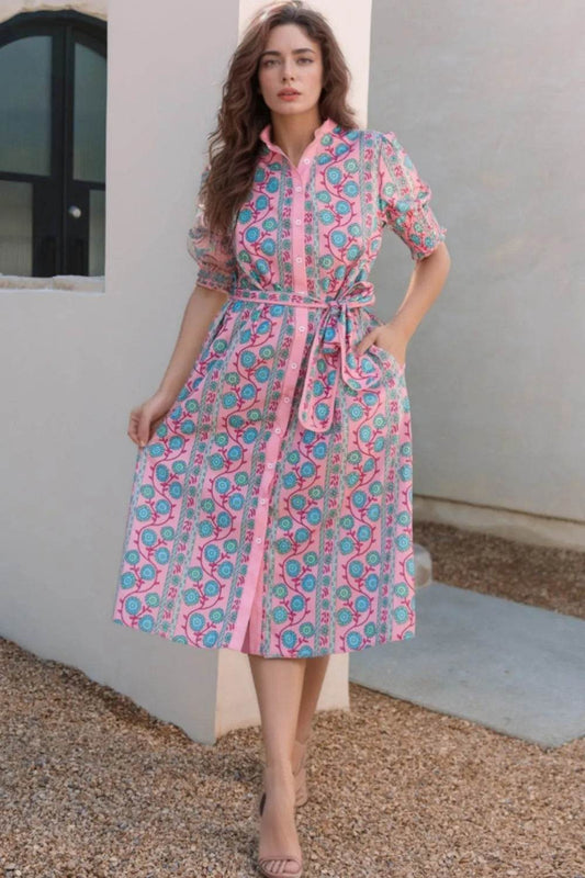 Printed Shirred Sleeve Buttoned Front Midi Dress with Sash Moonlit Mauve Trendsi 96cd56f7-c2da-4555-bf43-f86a07f3e3e0-Max