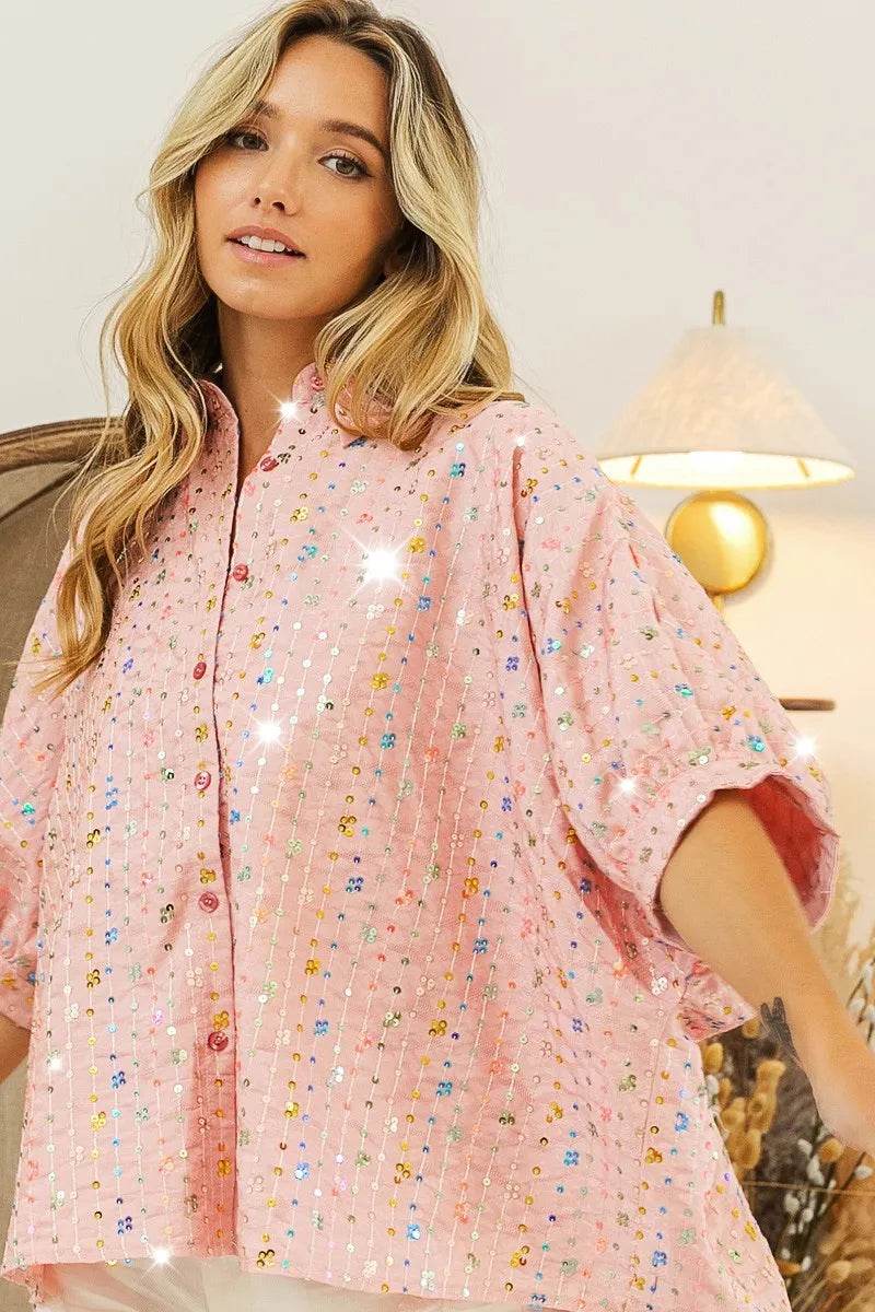 BiBi Sequin Striped Short Dolman Sleeve Blouse Trendsi 96f3846baf3f4dd3951e90c57ea738c8-Max-Origin