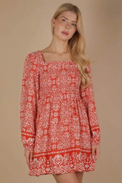VERY J Printed Smocked Chest Boho Mini Dress Trendsi 96fd41cf53fd4cfb9027f363f1c3a51f-Max-Origin