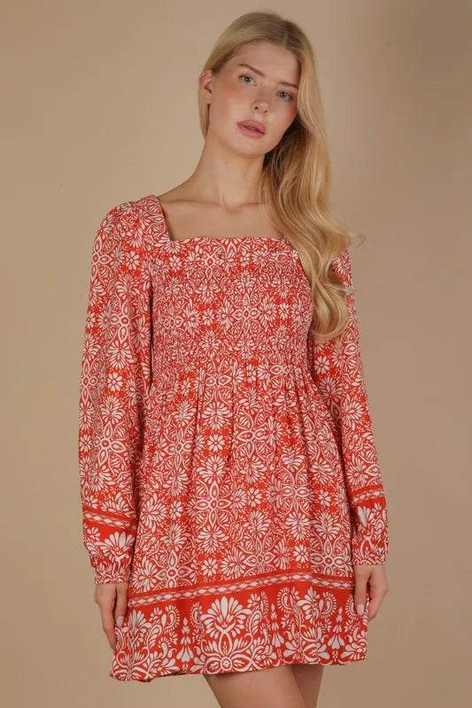 VERY J Printed Smocked Chest Boho Mini Dress Trendsi 96fd41cf53fd4cfb9027f363f1c3a51f-Max-Origin