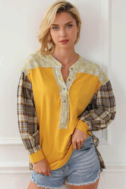 Plaid Notched Neck Slit Blouse Yellow Trendsi 97163c8e142f4e6592eee8ecdbcdddd7-Max