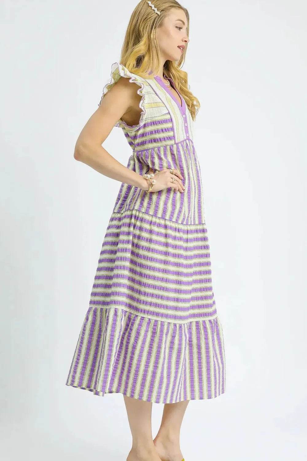 Umgee Striped Ruffle Cap Sleeve Midi Dress Trendsi 9728dd8b-1161-4497-ba01-467d26dfea79-Max-Origin