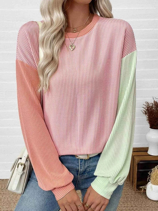 Color Block Ribbed Long Sleeve T-Shirt Blush pink Green Trendsi 972c20aa-7f46-4131-9f98-043faf161c89-Max-Origin