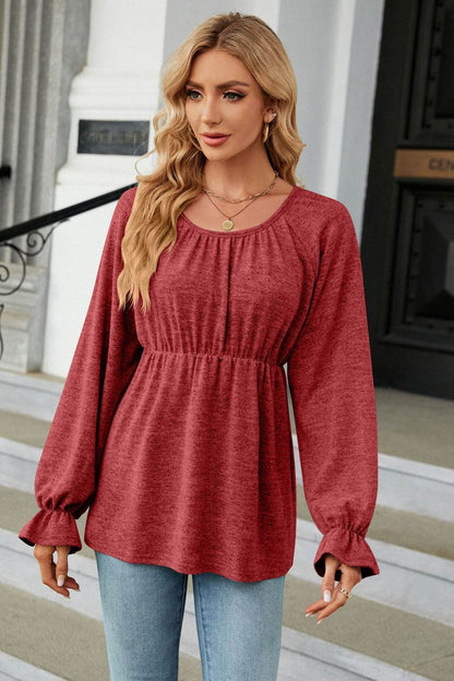 Round Neck Flounce Sleeve Blouse Trendsi 9735989f5943493f83edf88ef24e1f36-Max