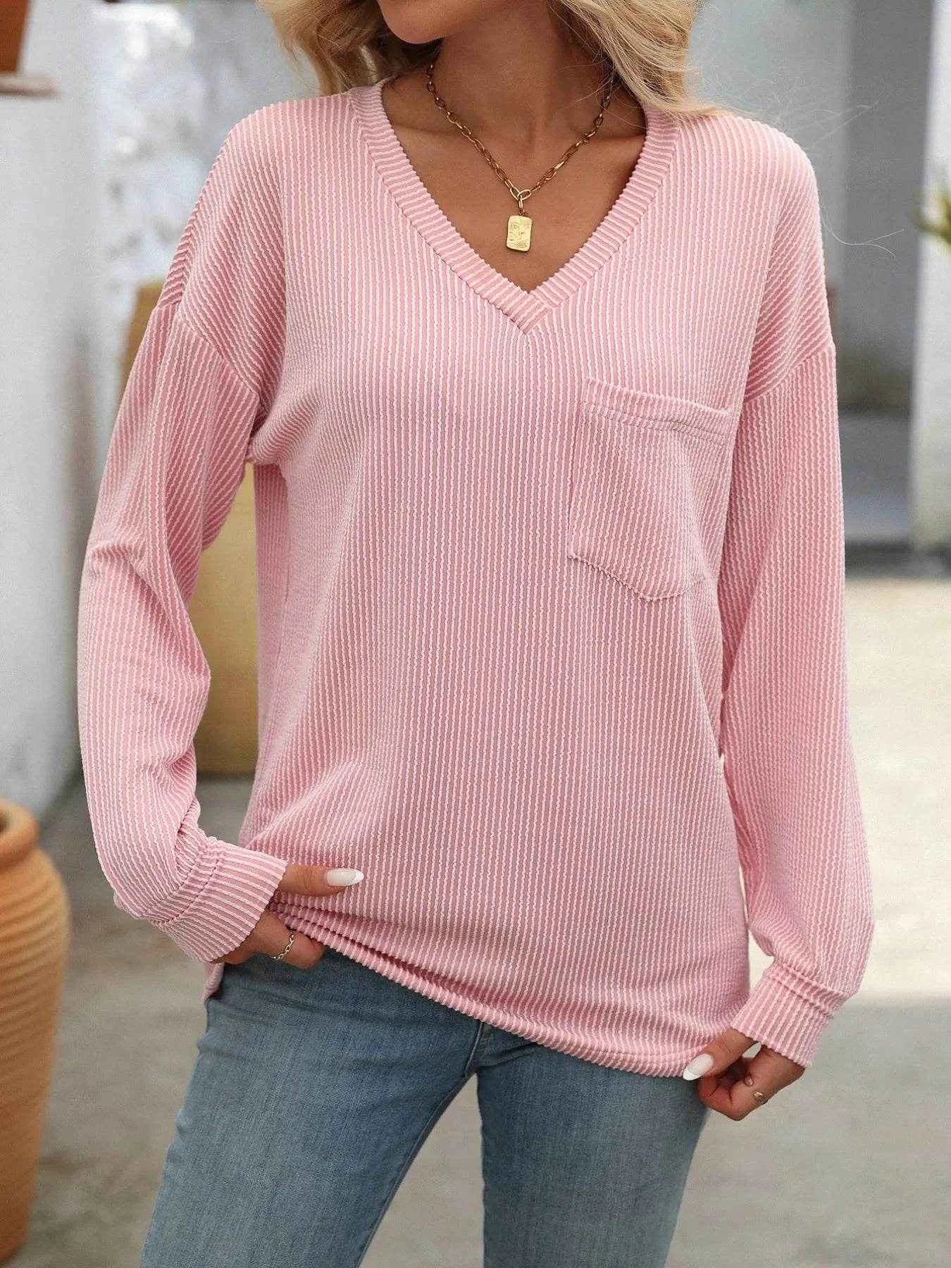 Ribbed V-Neck Long Sleeve T-Shirt Trendsi 973bf35d-fb27-4489-bddf-8c9b9b1b371d-Max-Origin