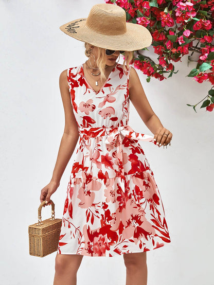 Floral V-Neck Tie Waist Sleeveless Dress Trendsi 97554910368442fc89b5e13630986657-Max