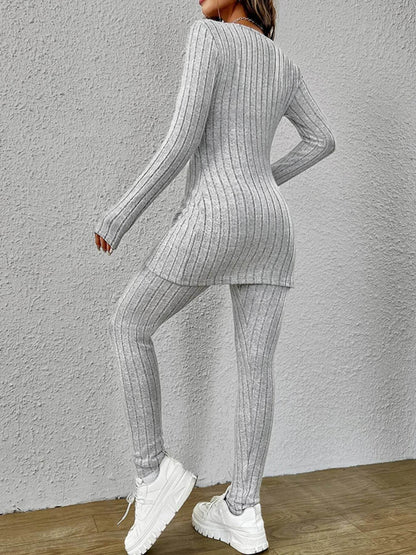 Slit V-Neck Ribbed Top and Pants Set Trendsi 975df8f3c19245e99c2a47b35d25221b-Max-Origin