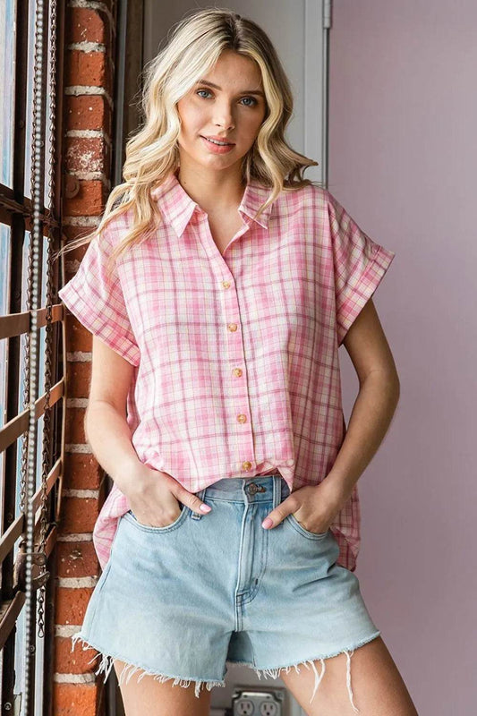 Cotton Bleu by Nu Lab Plaid Collared Neck Short Sleeve Shirt Pink Trendsi 9760ccd1-f923-492f-9fb6-89620b66930e-Max