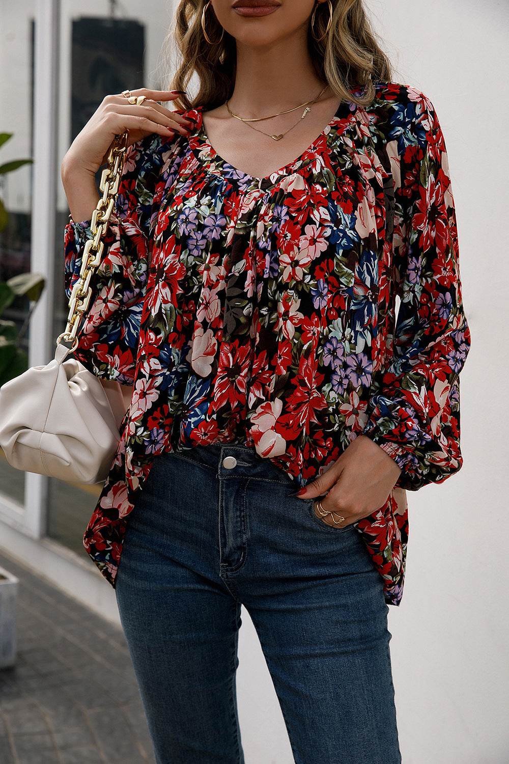 Ivy Lane Floral Print Balloon Sleeve Ruched Blouse Trendsi 977c24131ac0442595d1f6e0d437f502-Max