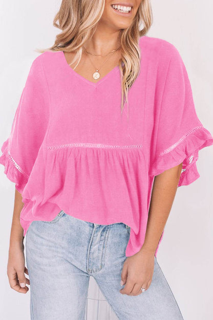 V-Neck Flounce Sleeve Babydoll Blouse Carnation Pink Trendsi 978248c28af24af4ab39a4e4f9887b29-Max