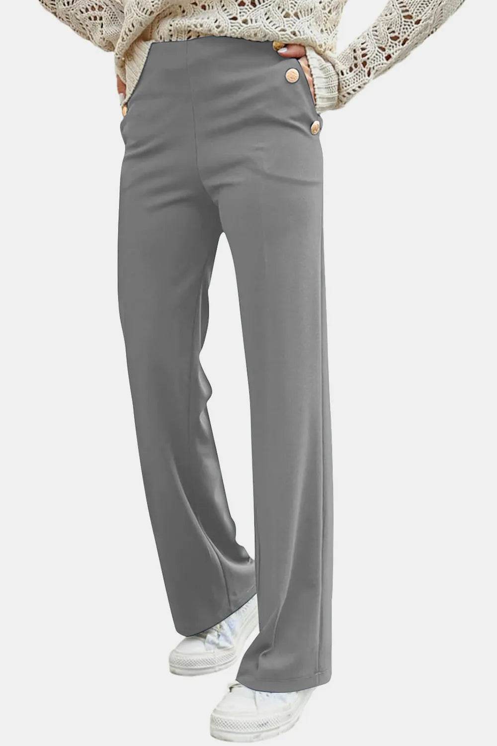 Decorative Button High Rise Pants Gray Trendsi 978635b6-7ff7-4288-b17c-d309a32a298e-Max