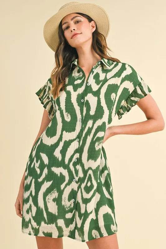 Annie Wear Abstract Printed Frill Sleeve Shirt Mini Dress GREEN Trendsi 979594a6525c4ba88d209fb02174e057-Max-Origin