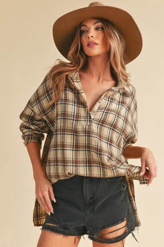 Aemi + Co Side Slit High-Low Plaid Long Sleeve Polo Shirt Oatmeal Trendsi 979bbf67-946c-40e1-8b7c-b487d12dd207-Max