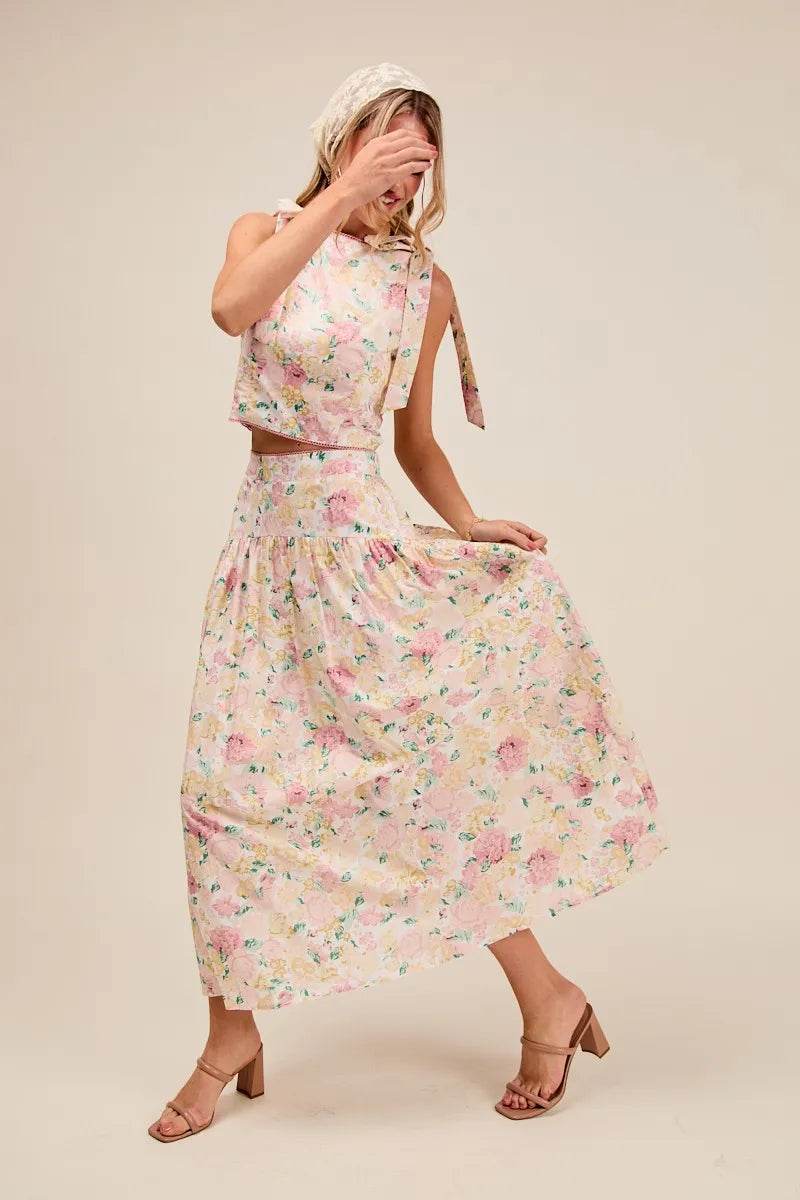 SO ME Floral Printed Woven Shoulder Bow Tie Top and Skirt Set Trendsi 97a0e370d1074976bc092d2afc36ed24-Max-Origin