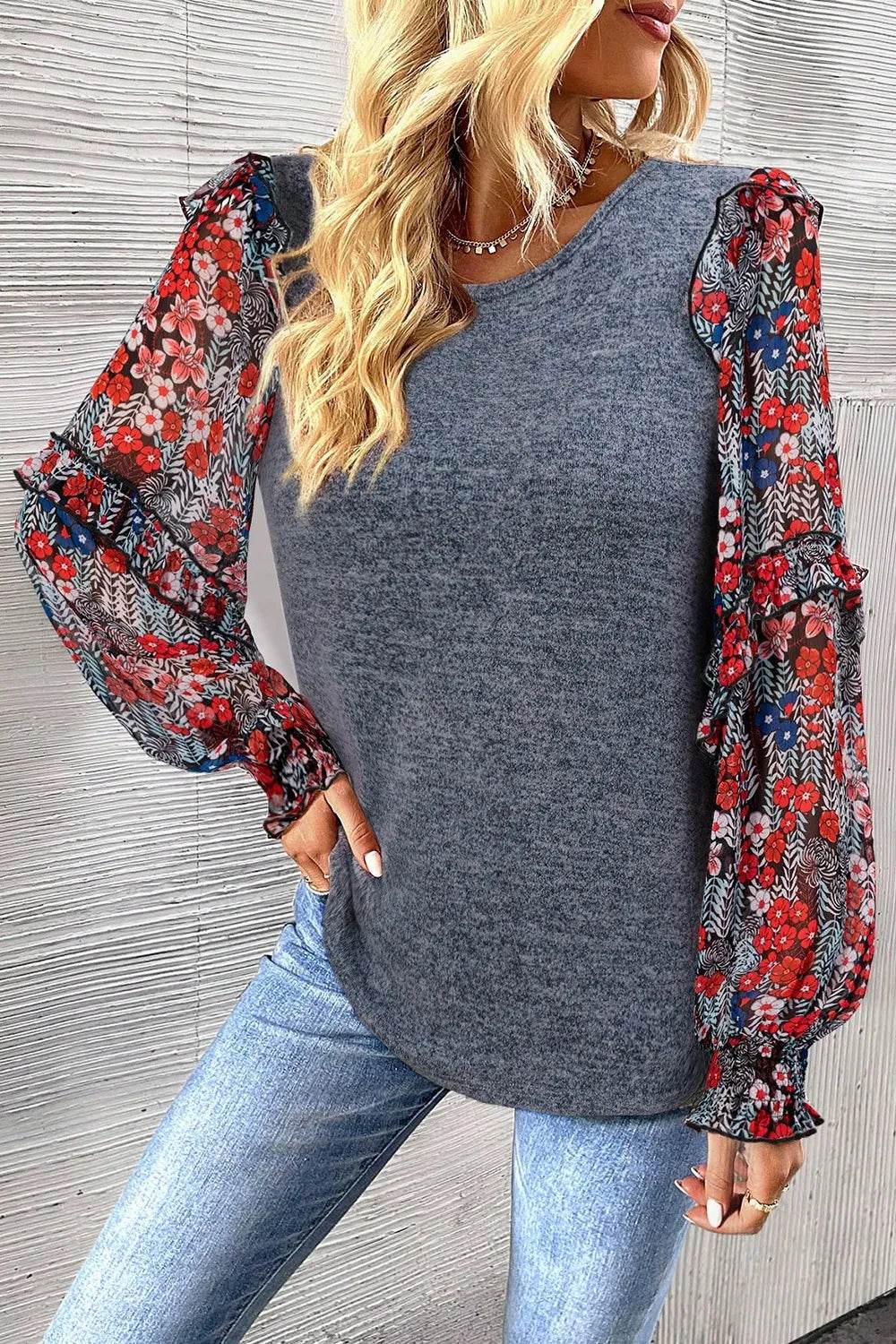 Heathered Floral Frill Lantern Sleeve Blouse Dark Gray Trendsi 97aa706f-5317-40e4-a8f8-da66ff3a906e-Max