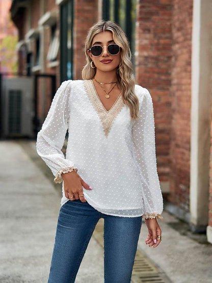 Swiss Dot V-Neck Long Sleeve Blouse Trendsi 980c554041c9445690bf4cbaea669484-Max