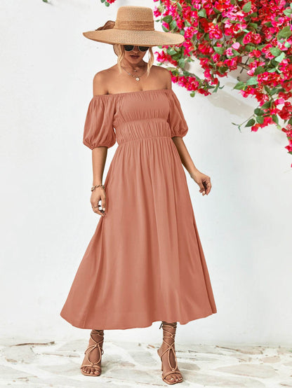 Off-Shoulder Balloon Sleeve Midi Dress Trendsi 98103f38cb9845fa8d0410df57533fe9-Max