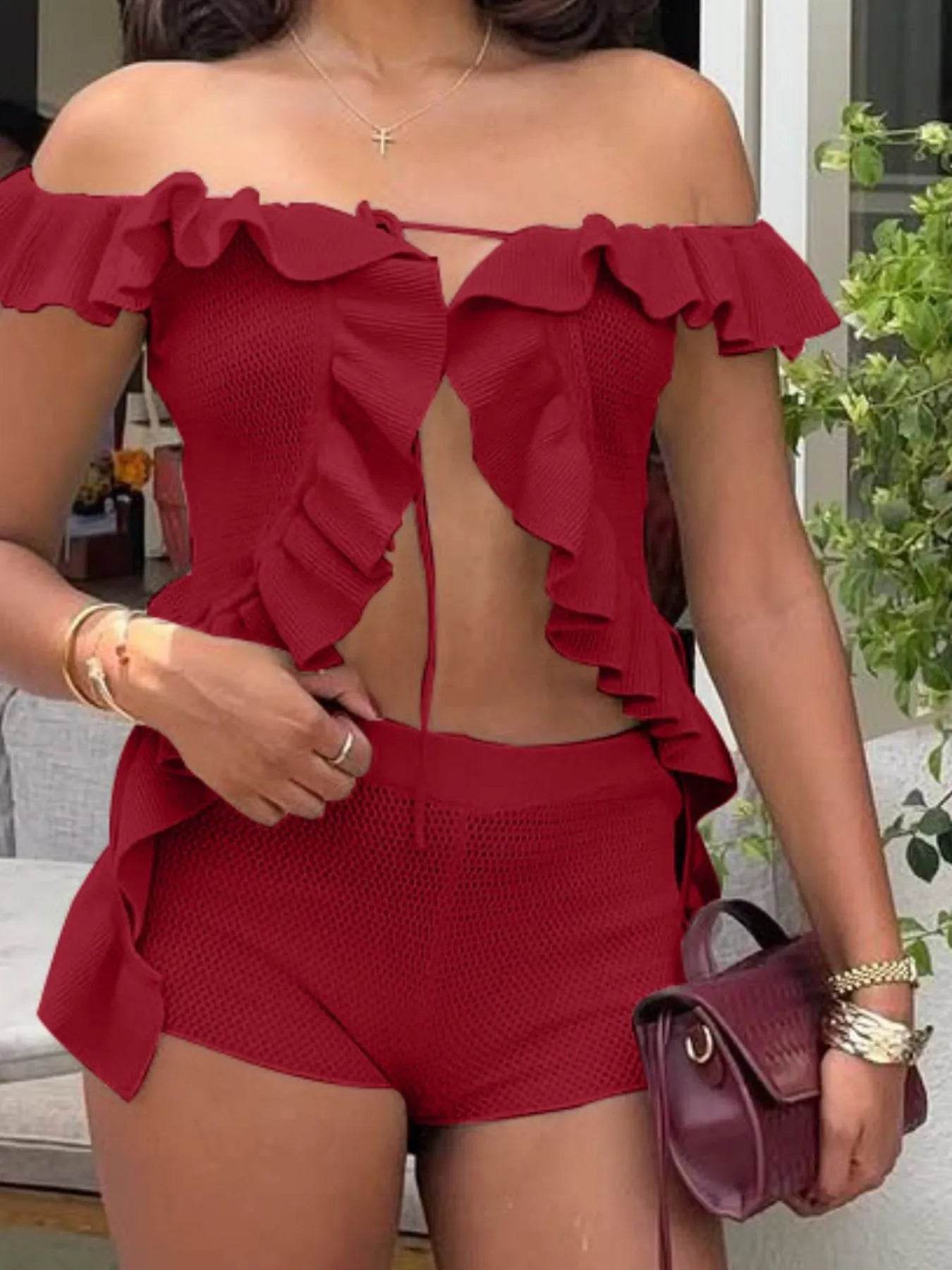 Off-Shoulder Ruffle Top and Shorts Sweater Set Trendsi 982be7e3-7881-4207-b3f4-0460debb109e-Max-Origin