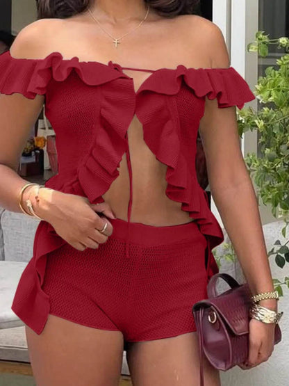 Off-Shoulder Ruffle Top and Shorts Sweater Set Trendsi 982be7e3-7881-4207-b3f4-0460debb109e-Max-Origin