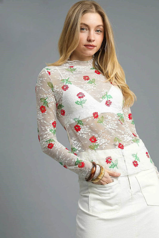Umgee Floral Mock Neck Long Sleeve Sheer Top White Trendsi 98704a27-386a-4e40-b666-ec6fd7d7482d-Max-Origin