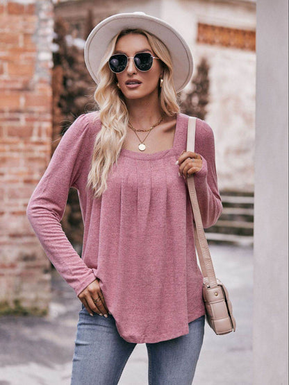 Mandy Pleated Detail Curved Hem Long Sleeve Top Pink Purple Trendsi 988274b3d035439a8ec3e45334d0a3be-Max