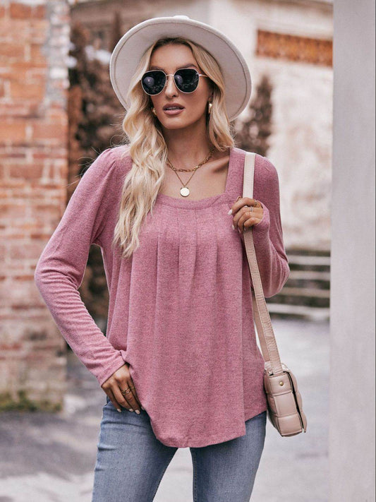 Mandy Pleated Detail Curved Hem Long Sleeve Top Pink Purple Trendsi 988274b3d035439a8ec3e45334d0a3be-Max