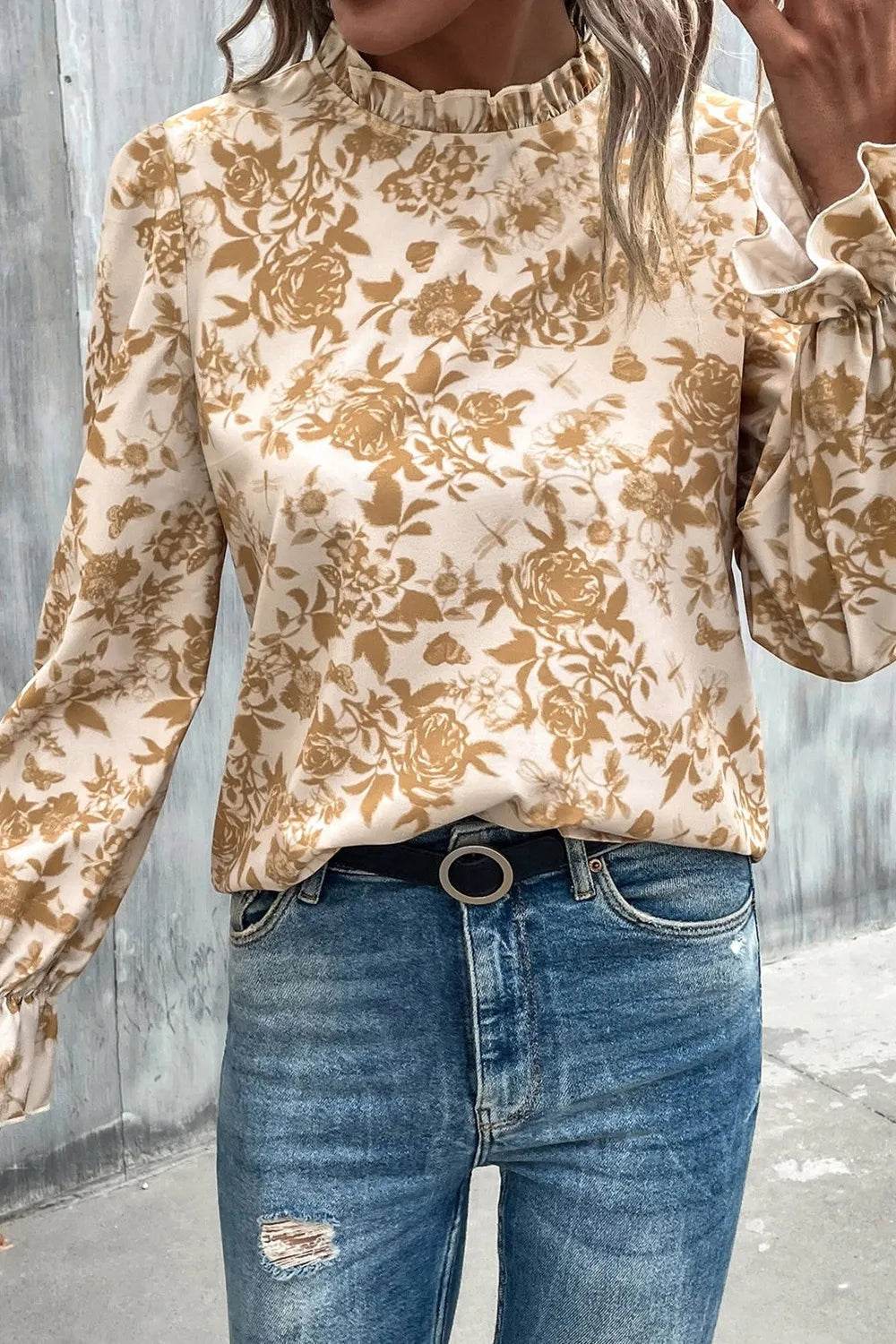 Floral Print Mock Neck Flounce Sleeve Blouse Trendsi 98a21efda463433e9c089ca444b783a8-Max