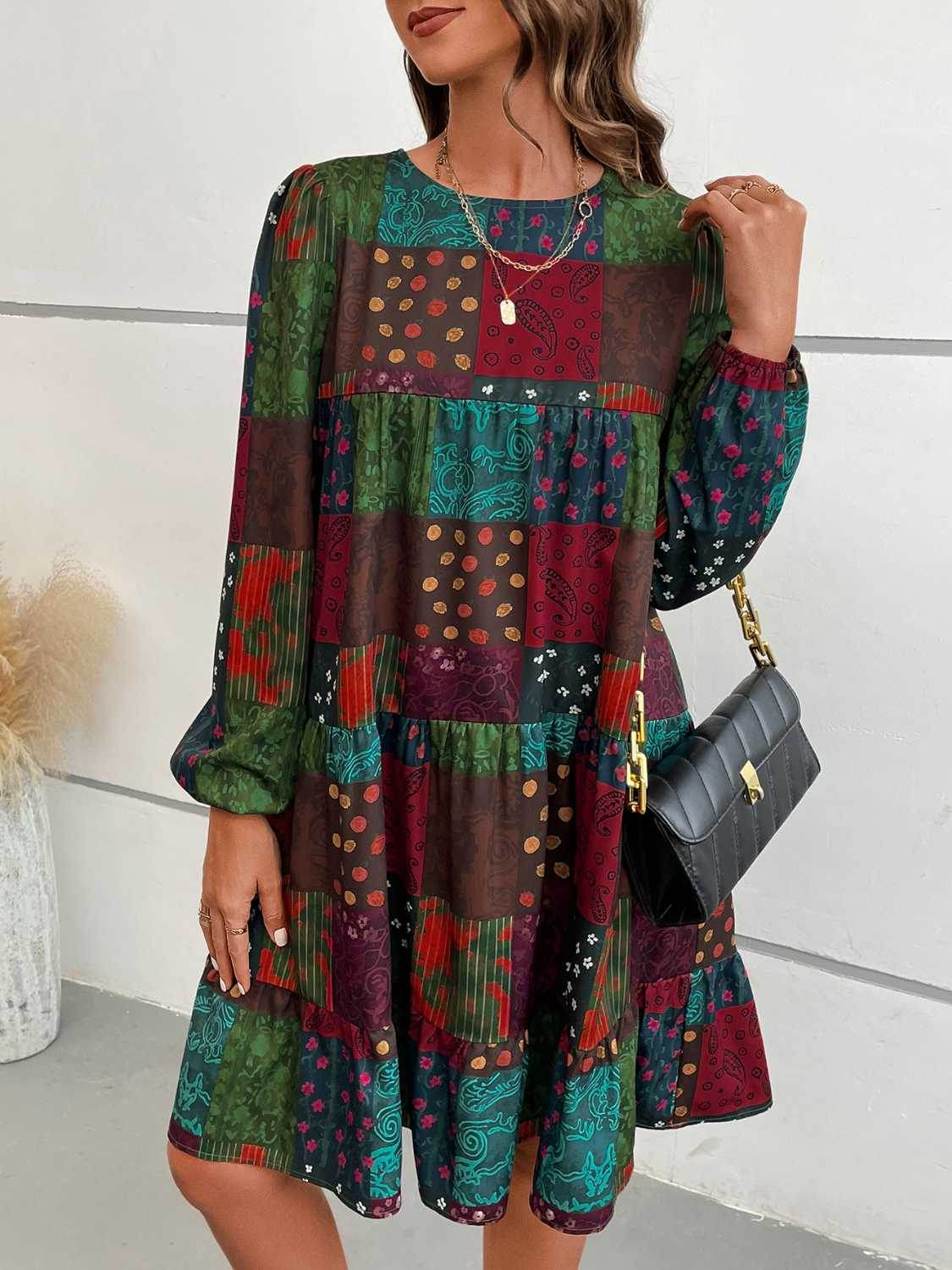 Patchwork Round Neck Long Sleeve Dress Trendsi 98a21f4c2d234b1c8bc4ca6b99d965a3-Max