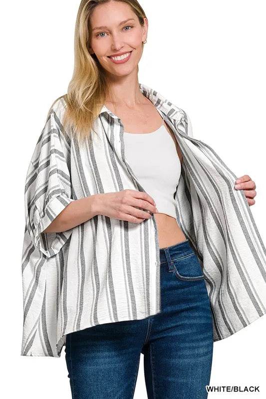 Zenana Woven Yarn-Dye Stripe Oversized Button Down Shirt Trendsi 98ab757839574ae48c56deb800a8fe06-Max-Origin