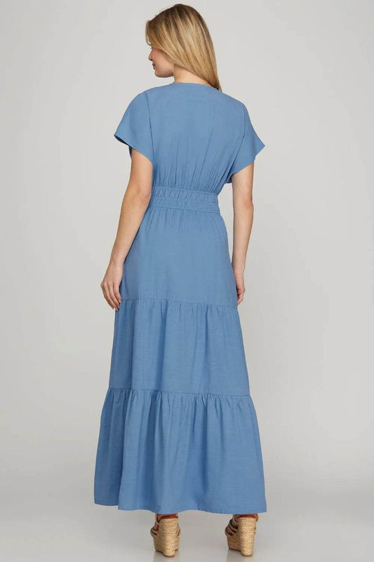 She + Sky Surplice Short Sleeve Tiered Maxi Dress With Pockets Trendsi 98b7e615-db70-4707-a670-0f62dc32c81c-Max