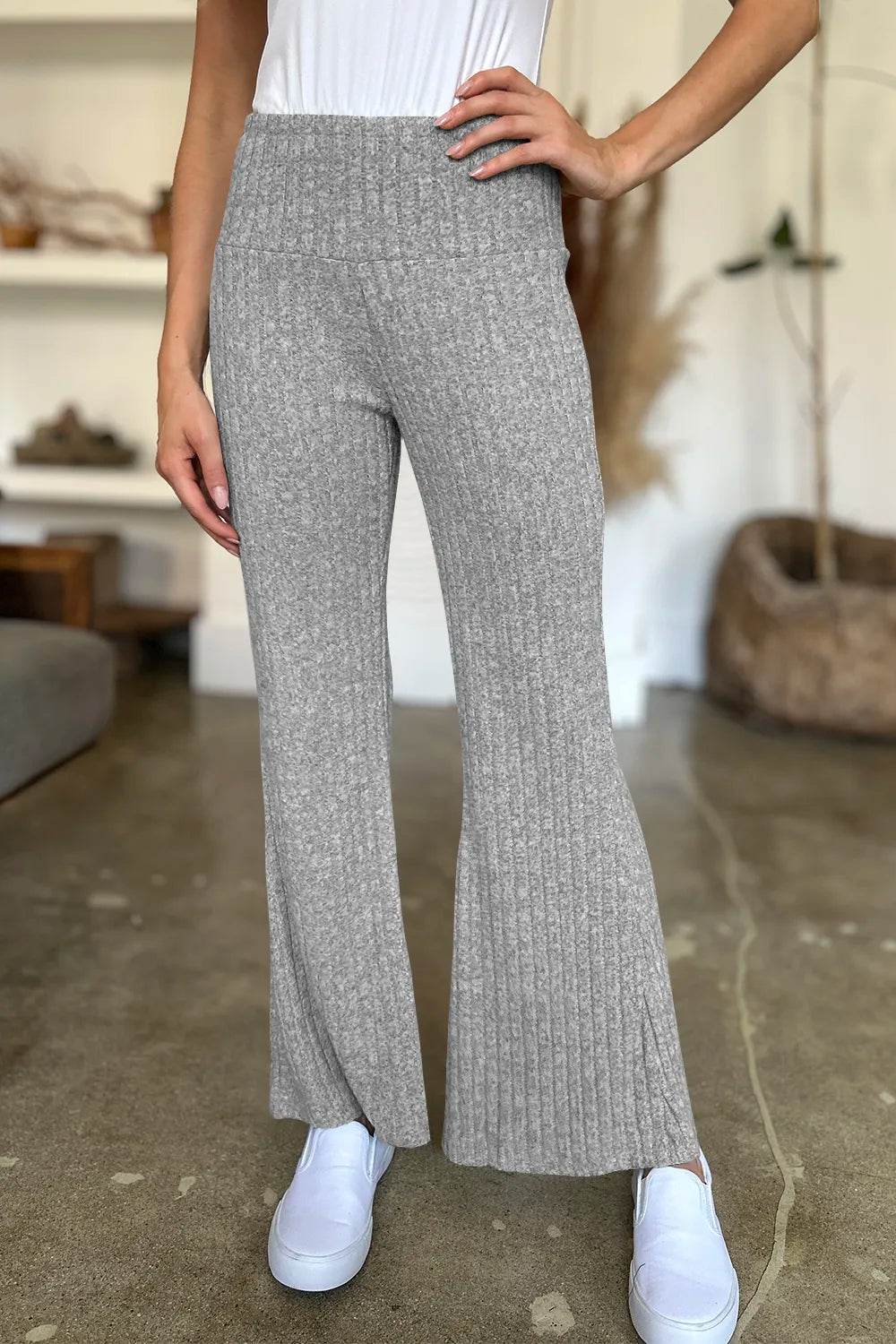 FAM-FAM Ribbed High Waist Flare Pants Gray Trendsi 98d12157-07f3-44df-b3c7-66c3995419de-Max