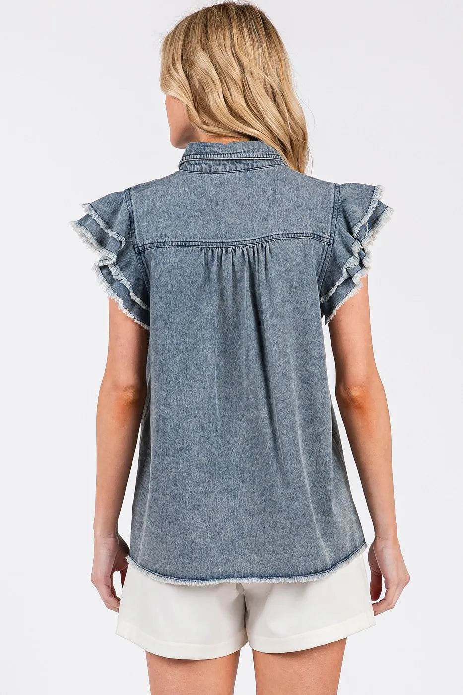Mittoshop Washed Denim Ruffle Short Sleeve Collared Shirt Trendsi 98efd252711849ee93ebbd7d534e2652-Max-Origin