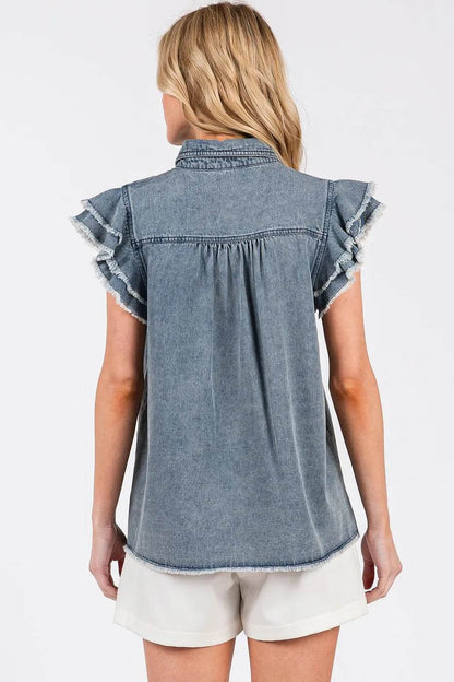 Mittoshop Washed Denim Ruffle Short Sleeve Collared Shirt Trendsi 98efd252711849ee93ebbd7d534e2652-Max-Origin
