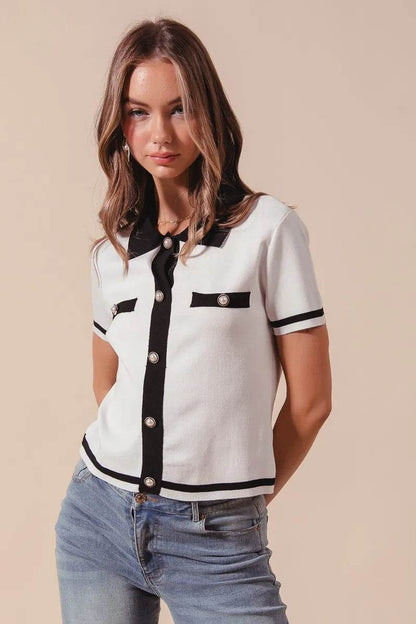 SO ME Button Down Knitted Sweater Shirt Top IVORY BLACK Trendsi 98f061d484be4d4d9ad34f5e9c8fb004-Max-Origin