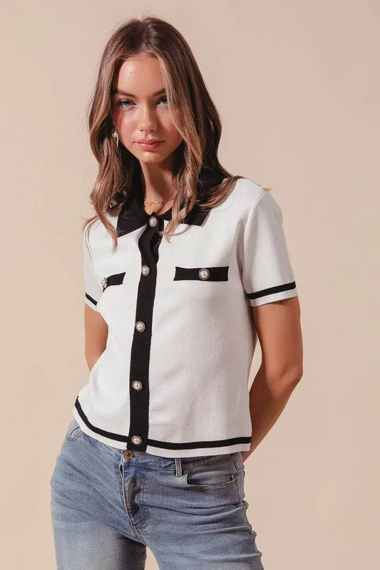 SO ME Button Down Knitted Sweater Shirt Top IVORY BLACK Trendsi 98f061d484be4d4d9ad34f5e9c8fb004-Max-Origin