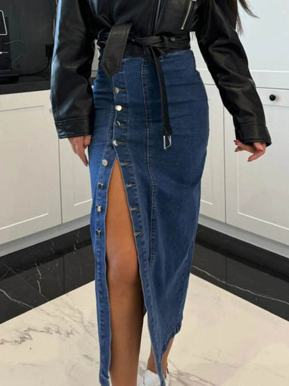 Front Button Slit Midi Denim Skirt Trendsi 98f35db1-a62a-44bb-ab5f-6b042ed8a436-Max