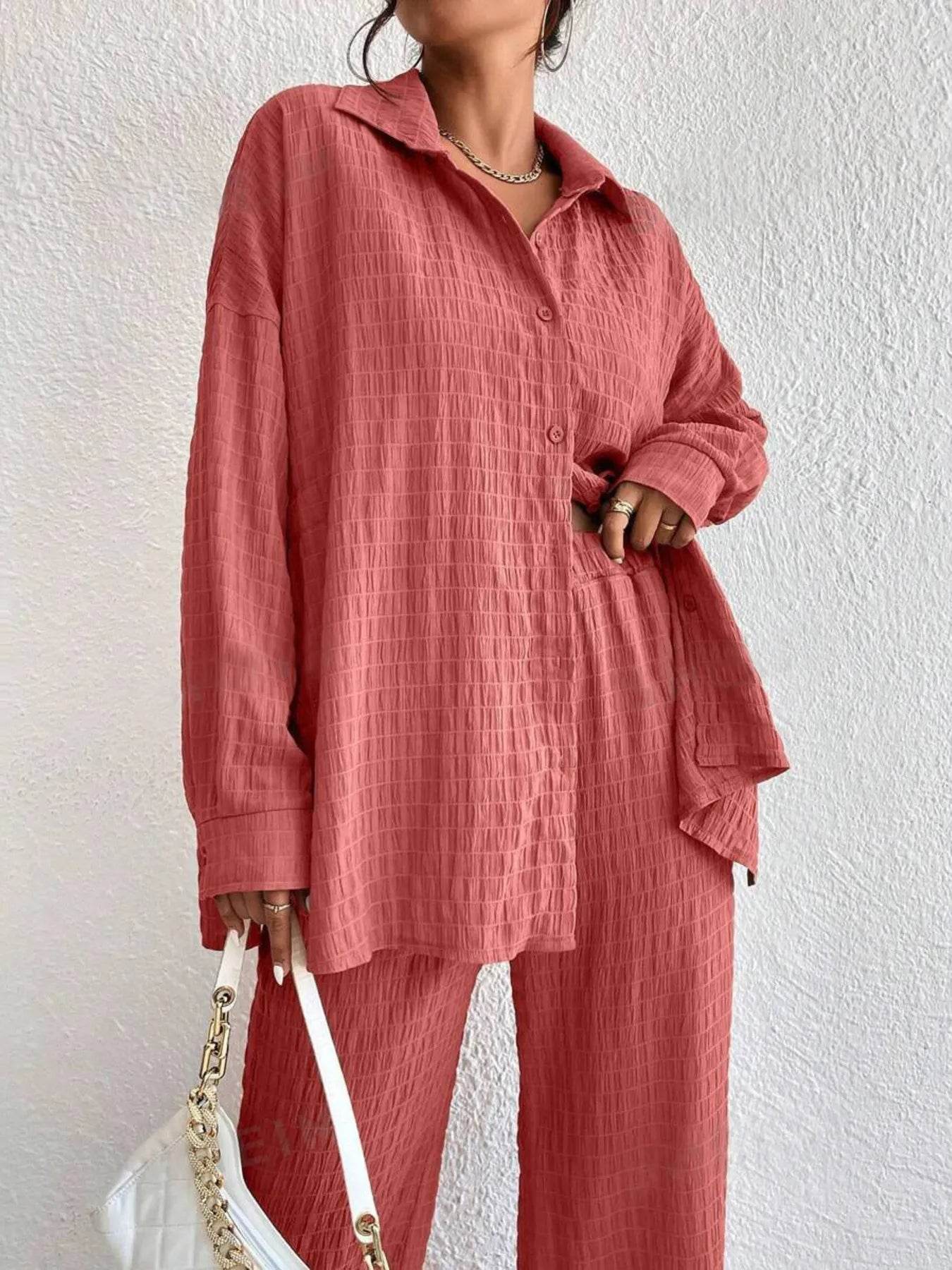 Button Up Long Sleeve Shirt and Pants Set Trendsi 98f7fb98548b4318a1bcd303c88004dc-Max-Origin