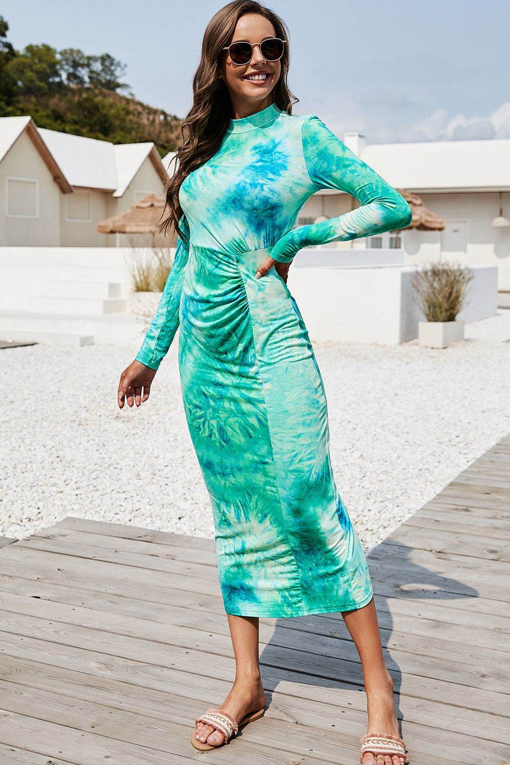 Tie Dye Mock Neck Long Sleeve Dress Trendsi 9900b7bba63d4898810509e0047a6868-Max