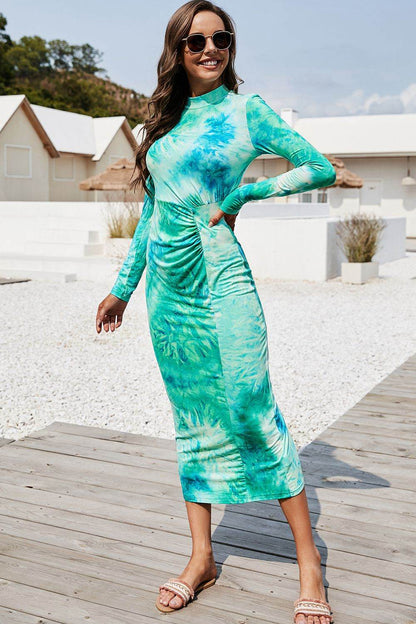 Tie Dye Mock Neck Long Sleeve Dress Trendsi 9900b7bba63d4898810509e0047a6868-Max