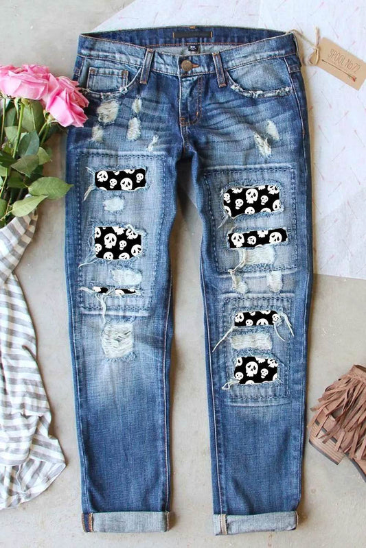 Distressed Skeleton Pattern Jeans with Pockets Medium Trendsi 9904122d-d415-45e5-a5b9-5246a8e22453-Max