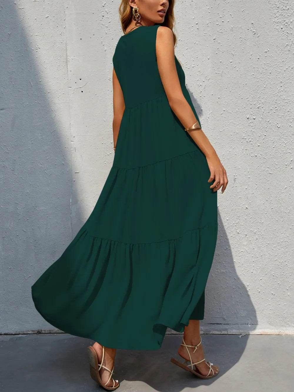 FAM-FAM Tiered V-Neck Sleeveless Dress Trendsi 99185974-7ea3-447d-b05b-d985678fae60-Max