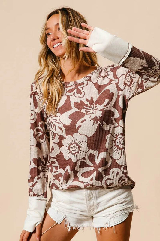 BiBi Flower Printed Waffle Thumb Opening Top Trendsi 99222ddee05947a7847813bf0ab24f4b-Max-Origin