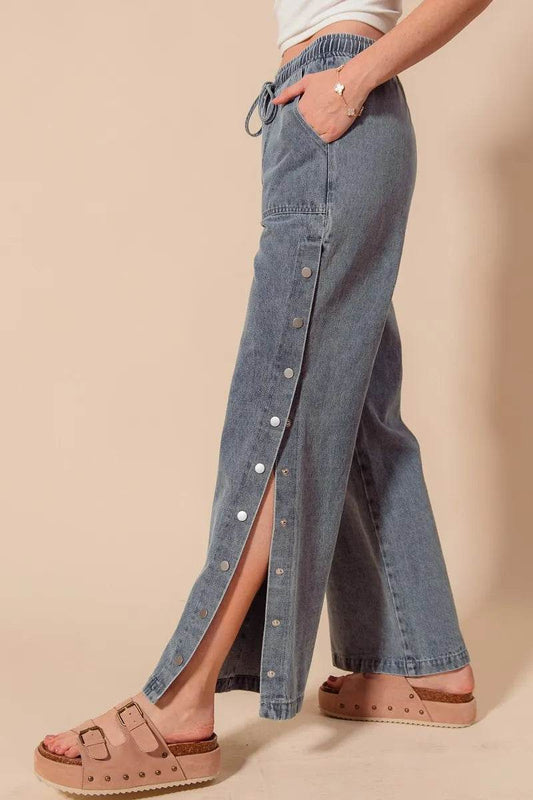 SO ME Mid Rise Drawstring Jeans with Side Snap Button Trendsi 993784b0eb704eae8c5fcdf198e5464b-Max-Origin