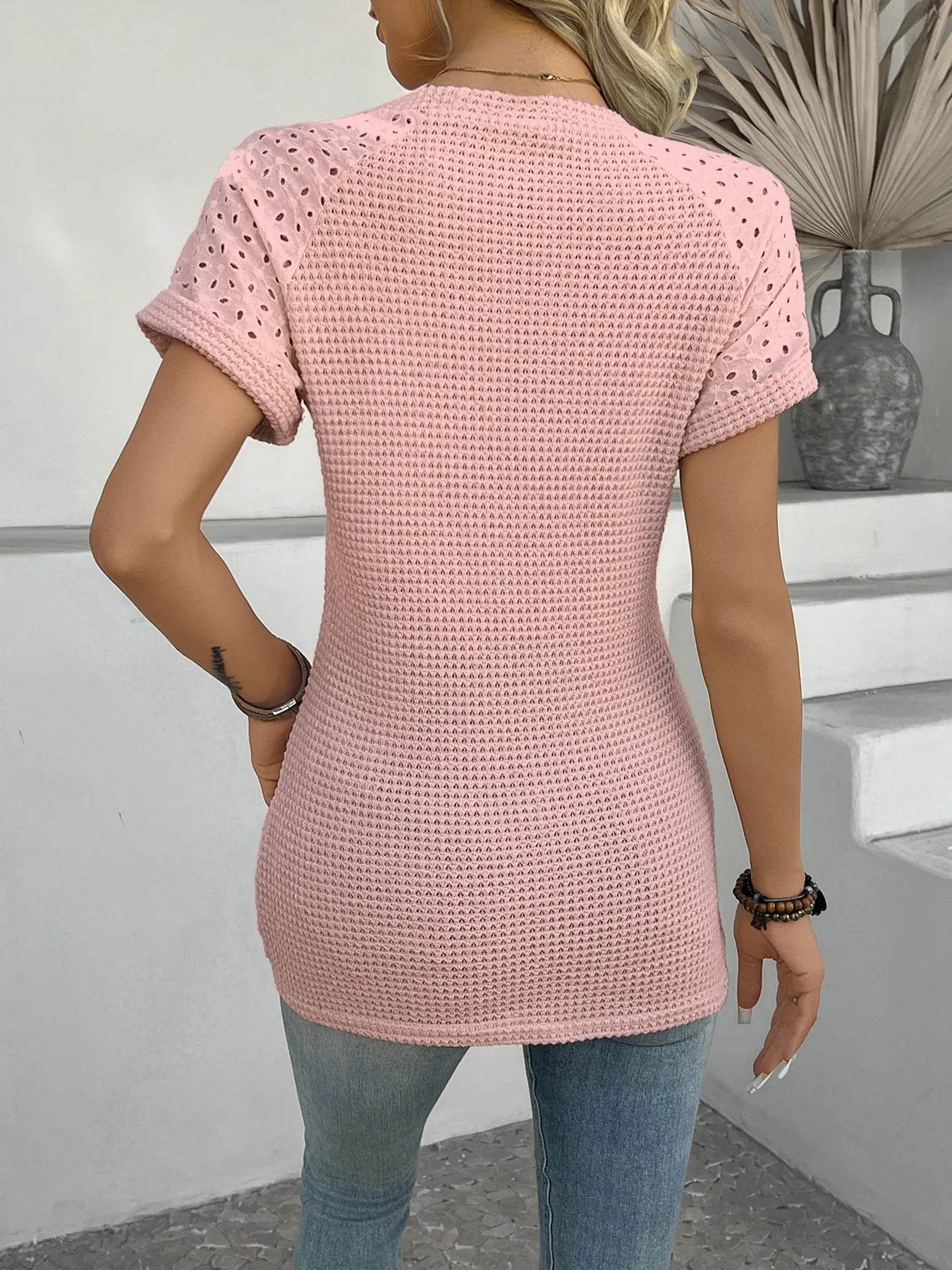 Hollow Out Waffle Knit Short Sleeve T-Shirt Trendsi 9938bbac2ce54ebbaee064e6b4db1aac-Max-Origin