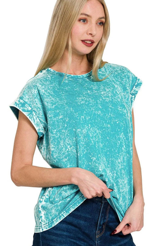 Zenana Crinkle Washed Round Neck Folded Short Sleeve Tee LT TEAL Trendsi 99541486-4ead-4166-8cd0-99b4bfa49b79-Max-Origin