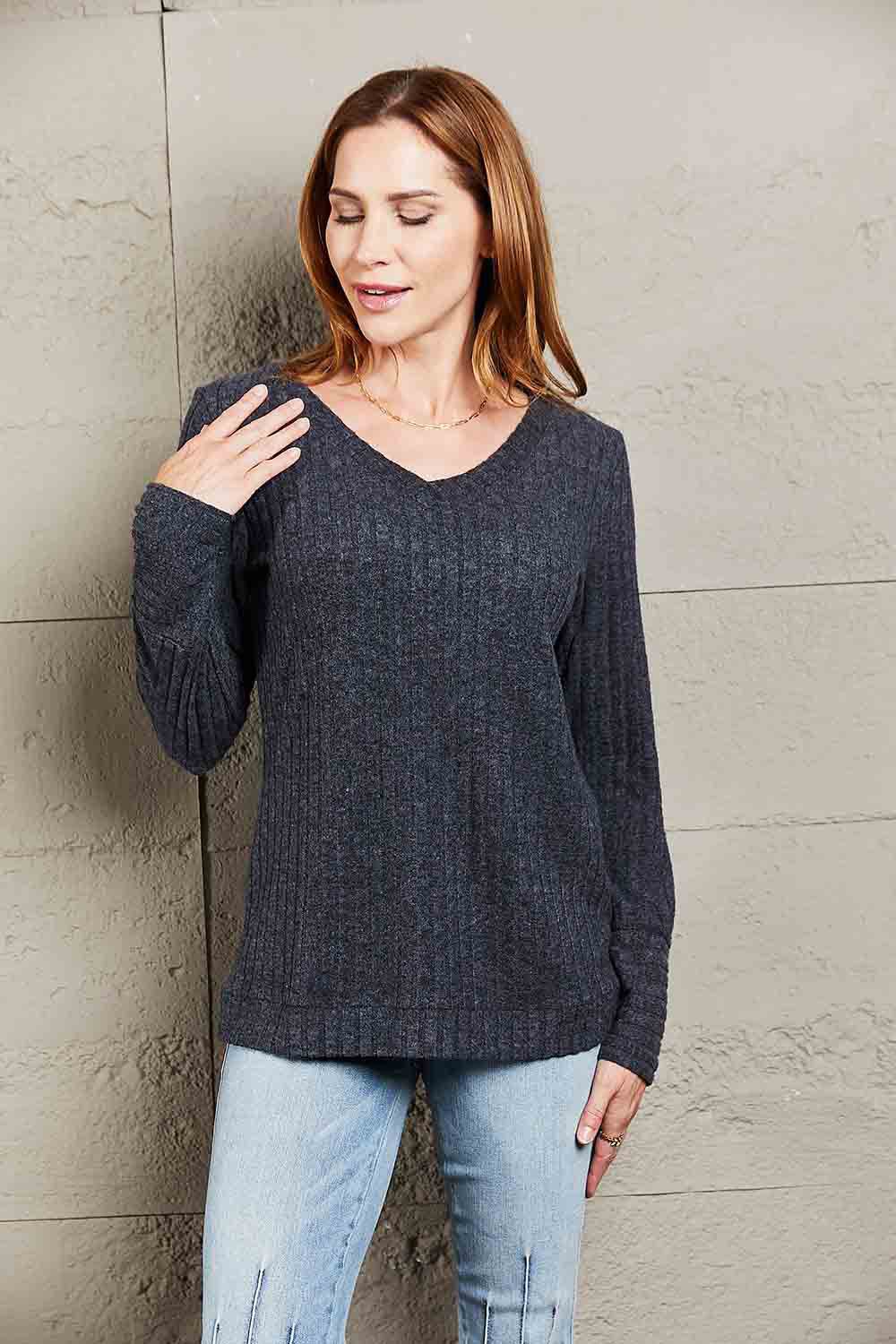 Mandy V-Neck Long Sleeve Ribbed Top Black Trendsi 99604c75169a4ec6805621f8e50af775-Max