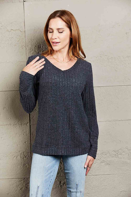 Mandy V-Neck Long Sleeve Ribbed Top Black Trendsi 99604c75169a4ec6805621f8e50af775-Max
