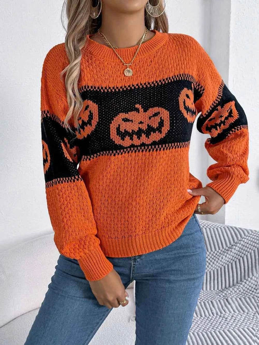 Pumpkin Round Neck Long Sleeve Sweater Orange Trendsi 9968f617-139d-4267-a1f1-ddd6ec705677-Max